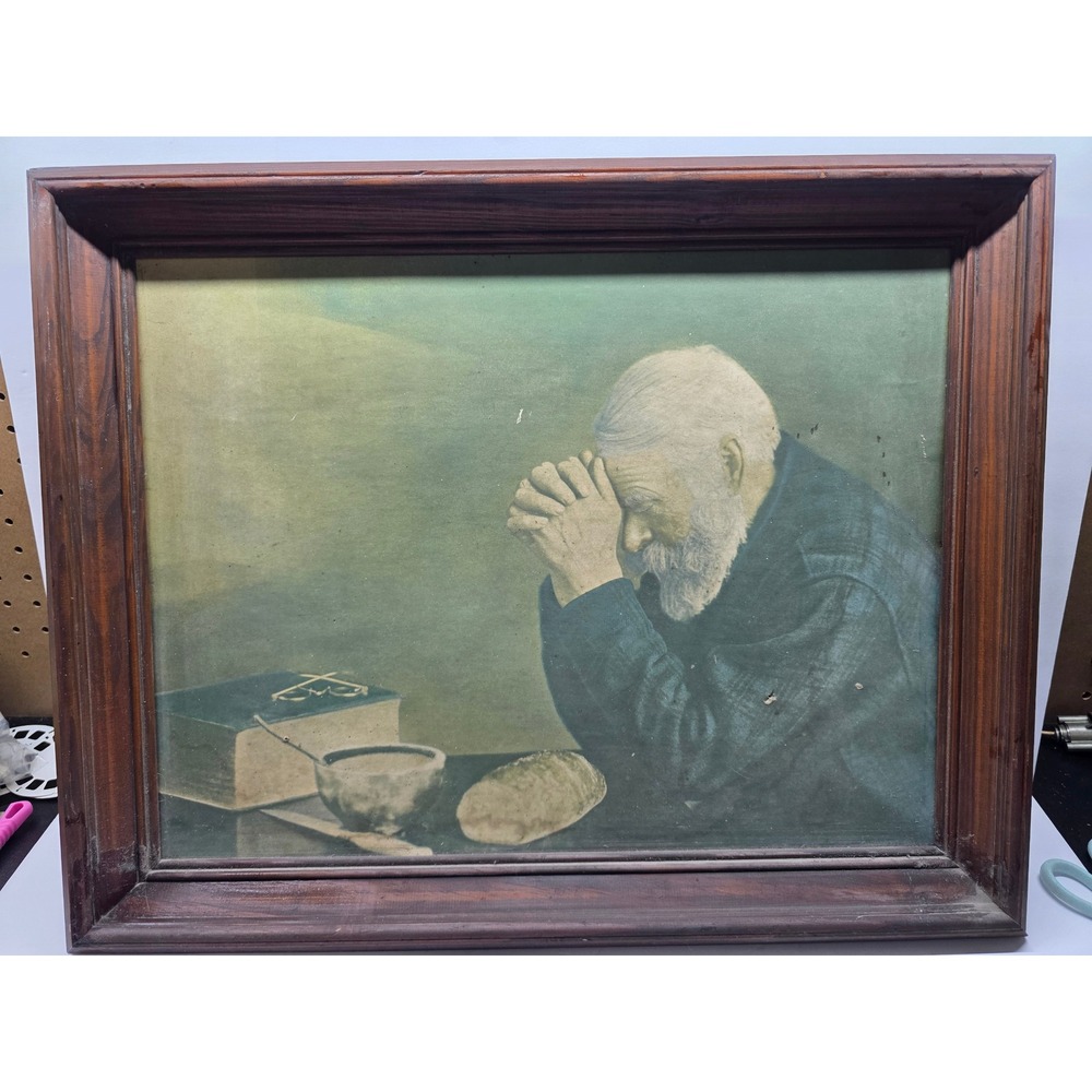 Vintage Eric Enstrom Grace Praying Man Large Framed Print Christian Wall Art